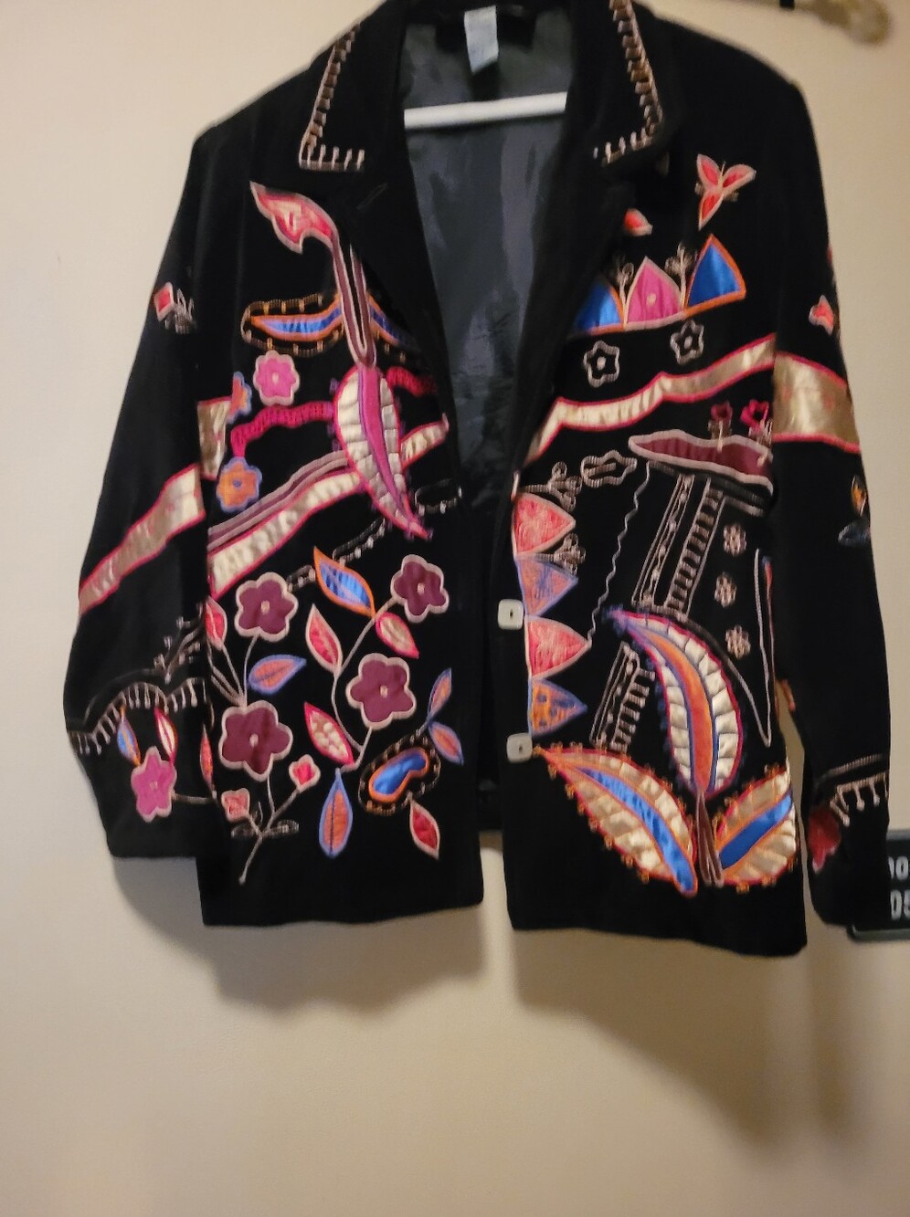Embroidered Black Velvet Women's Jacket with Multicolor Floral Accents